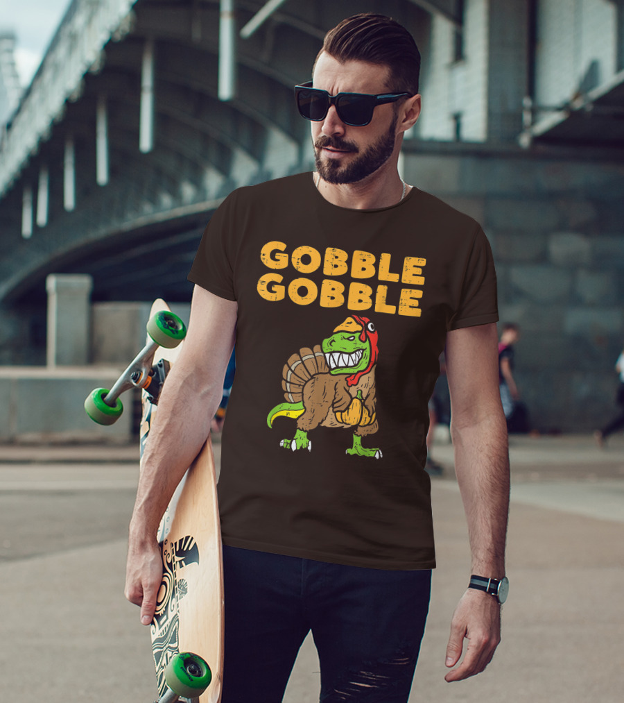 Gobble Gobble T-Rex Dinosaur Turkey Holding Pumpkin T-Shirt