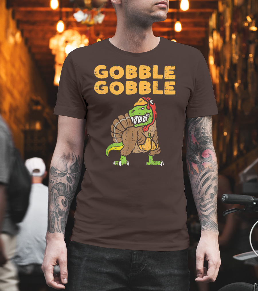 Gobble Gobble T-Rex Dinosaur Turkey Holding Pumpkin T-Shirt