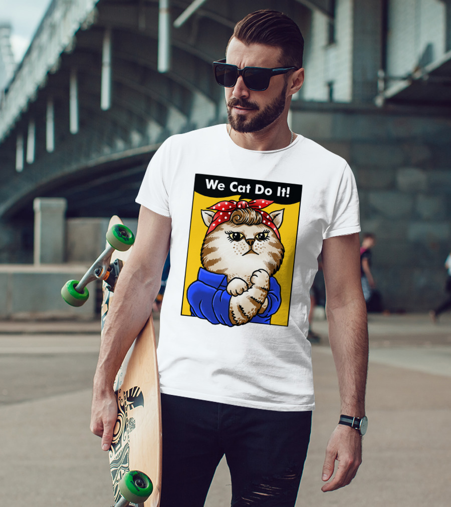 We Cat Do It Humorous Cat With Red Polka Dot Bandana And Blue T-Shirt