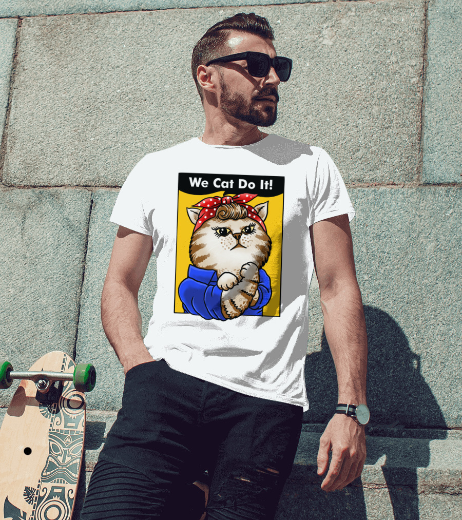 We Cat Do It Humorous Cat With Red Polka Dot Bandana And Blue T-Shirt