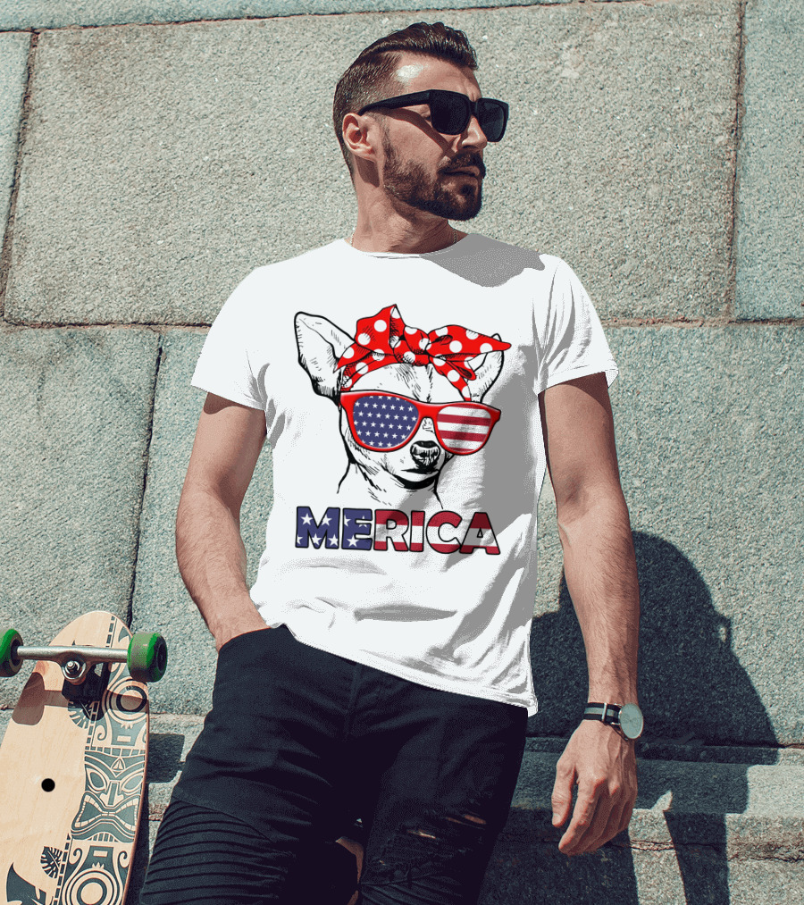 Chihuahua Merica USA Patriotic Glasses And Bandana T-Shirt
