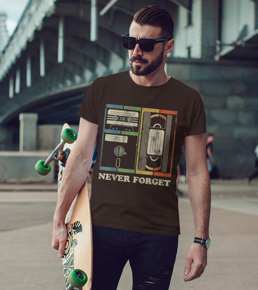 Never Forget Retro Vintage Cassette Floppy VHS Cool Funny Geeky Nerdy T-Shirt