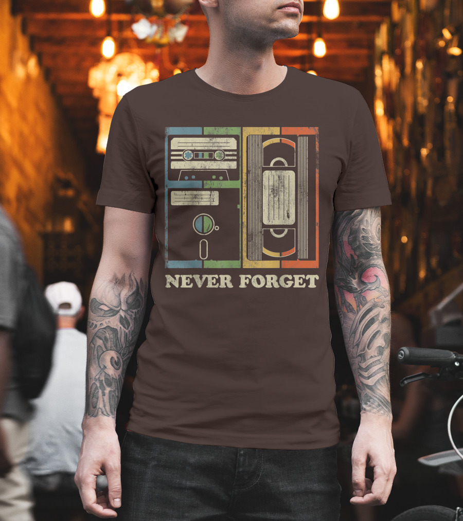 Never Forget Retro Vintage Cassette Floppy VHS Cool Funny Geeky Nerdy T-Shirt