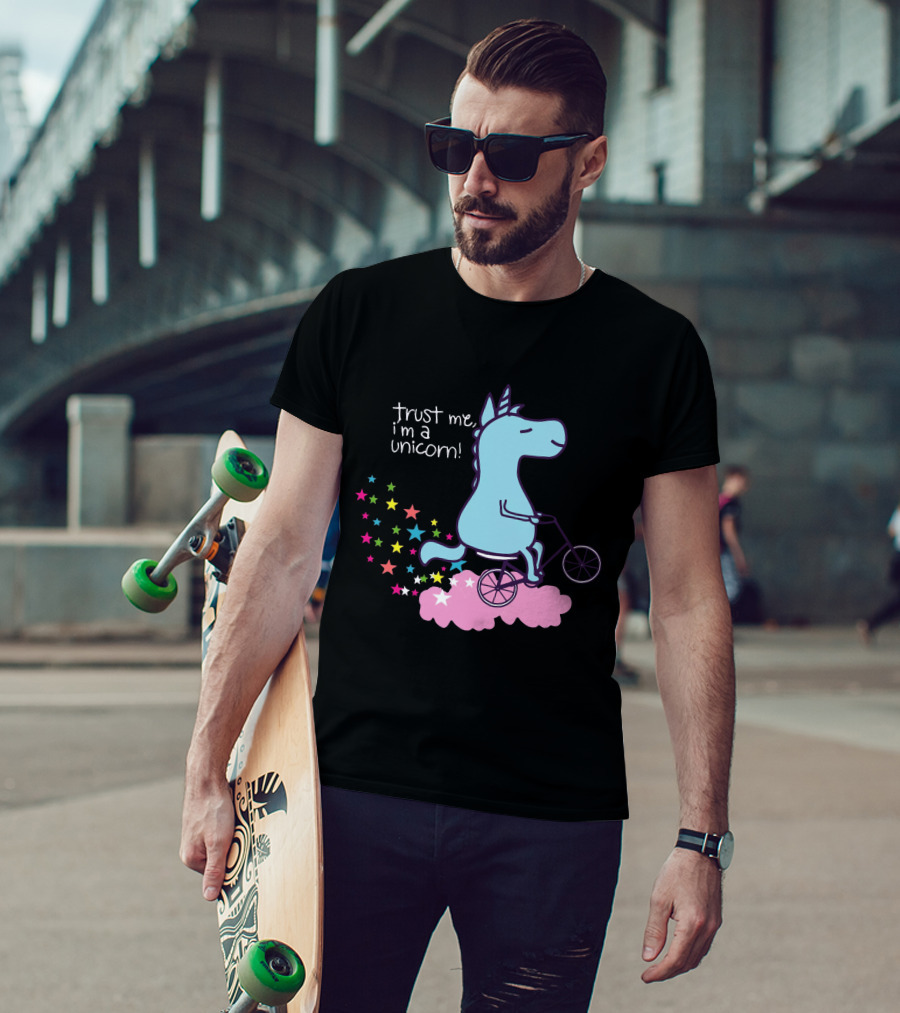 Trust Me I'm A Unicorn Riding Bicycle On Pink Cloud With Colorful Stars T-Shirt