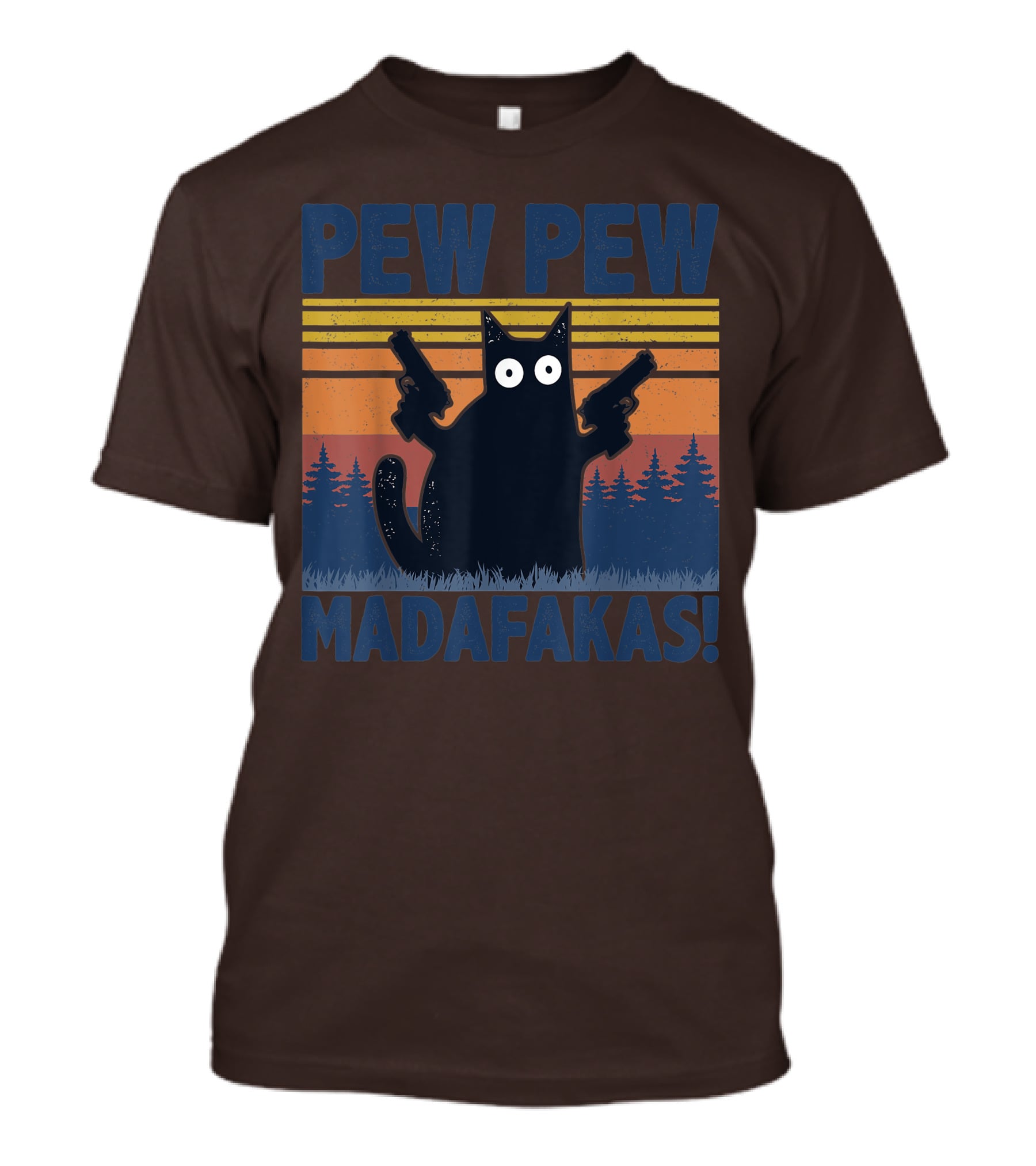 Pew Pew Madafakas Funny Vintage Cat With Guns Retro Forest Background T-Shirt