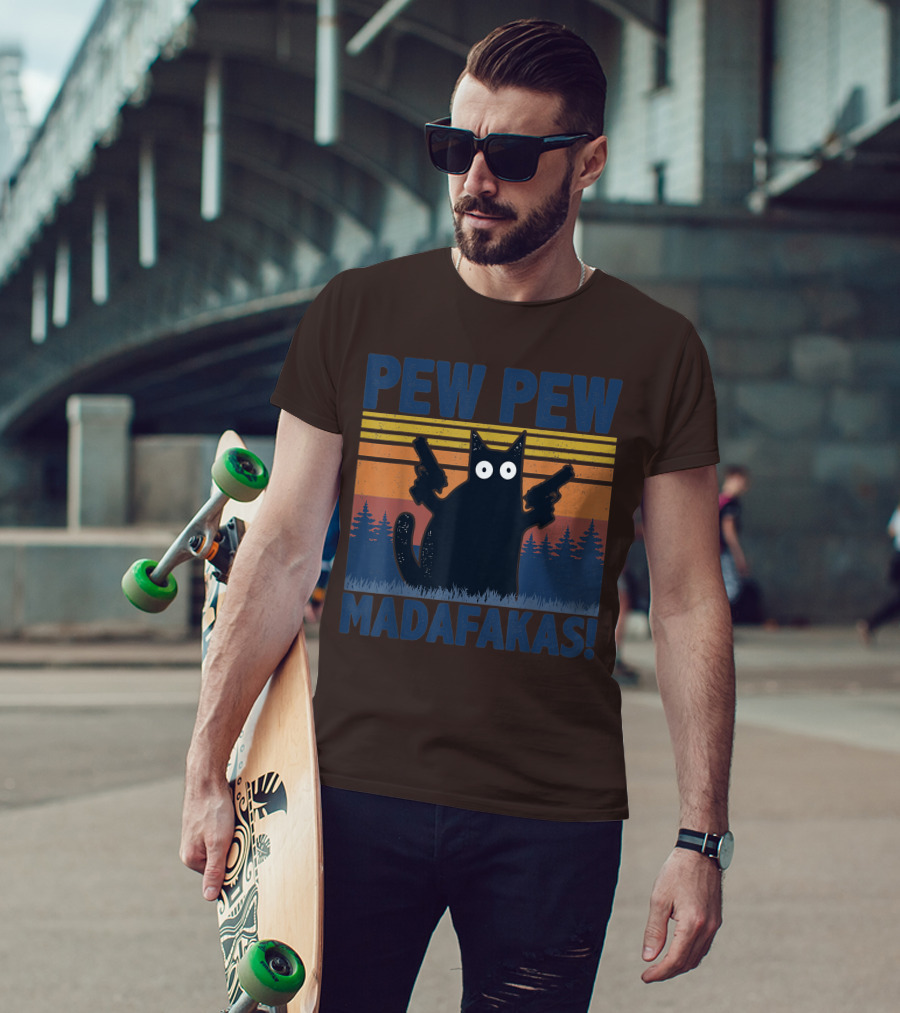 Pew Pew Madafakas Funny Vintage Cat With Guns Retro Forest Background T-Shirt