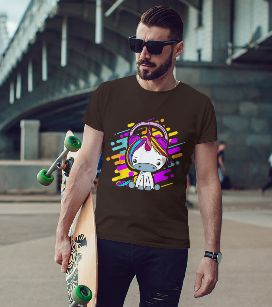 Cute Rainbow Unicorn Headphones Music T-Shirt