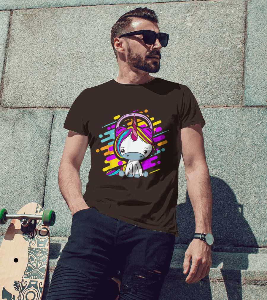 Cute Rainbow Unicorn Headphones Music T-Shirt