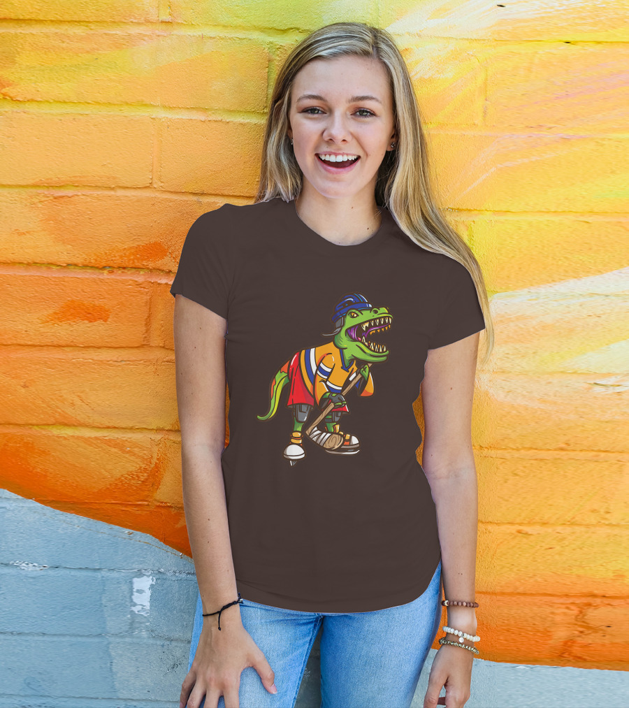Roller Skates Hockey Dinosaur In Uniform With Stick And Helmet T-Shirt