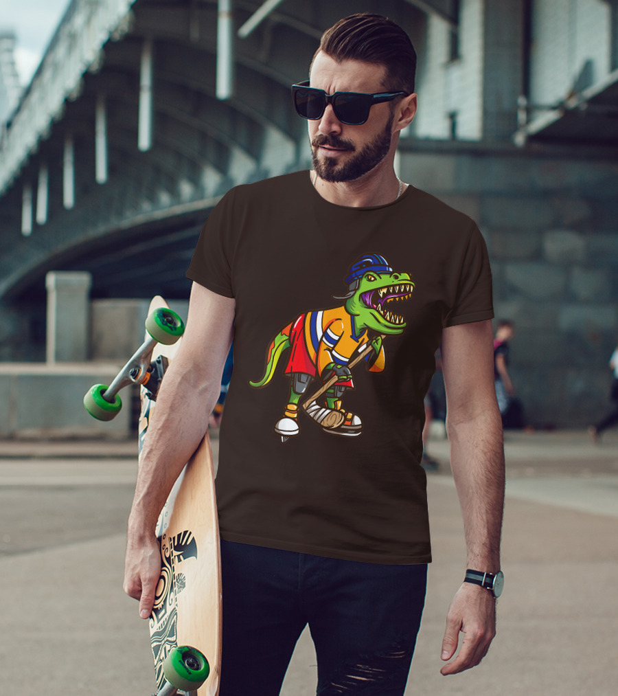 Roller Skates Hockey Dinosaur In Uniform With Stick And Helmet T-Shirt