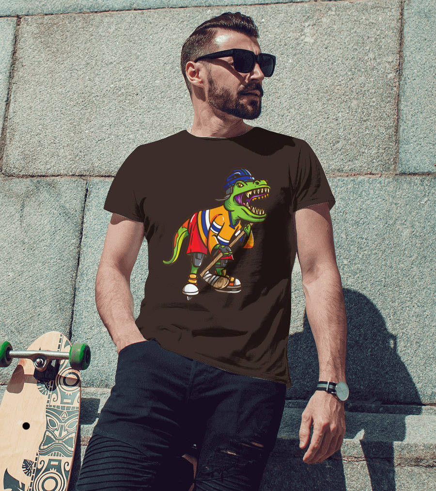 Roller Skates Hockey Dinosaur In Uniform With Stick And Helmet T-Shirt