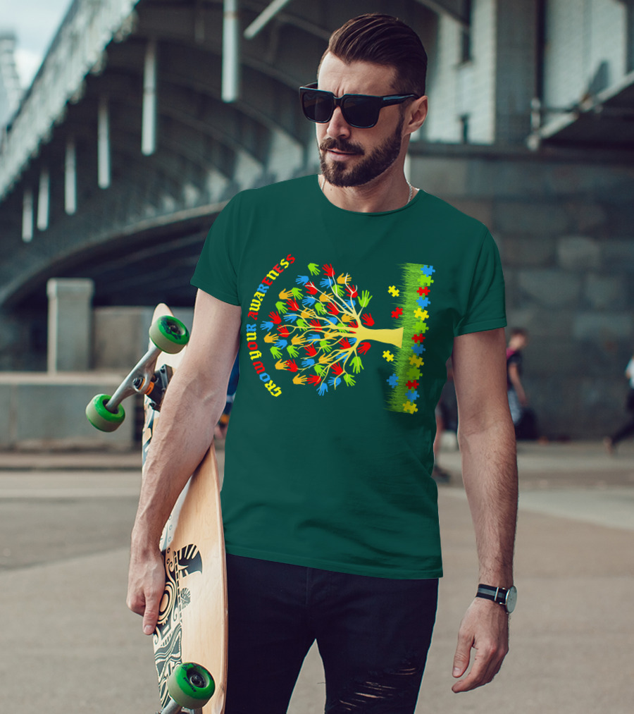 Grow Your Awareness Tree Of Colored Hands And Puzzle Pieces T-Shirt