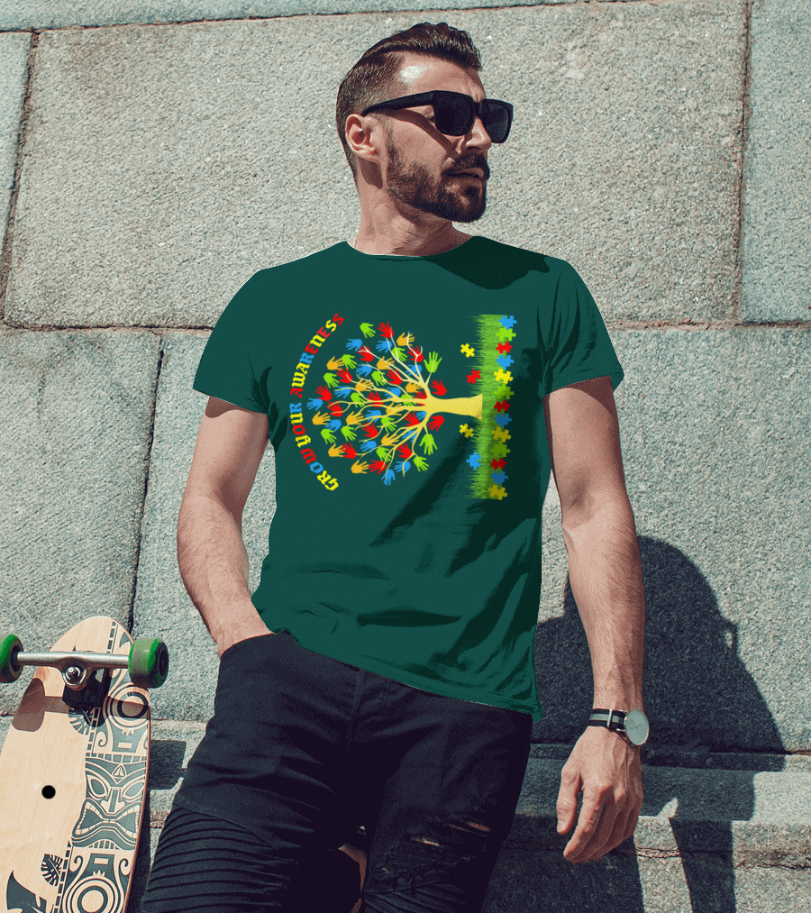 Grow Your Awareness Tree Of Colored Hands And Puzzle Pieces T-Shirt