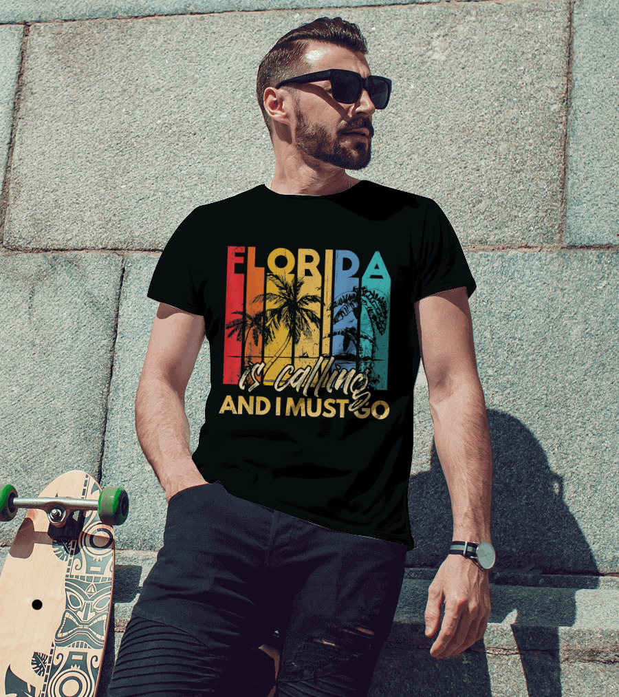 Florida Is Calling And I Must Go Beach Vacation Summer Retro Palm Trees T-Shirt