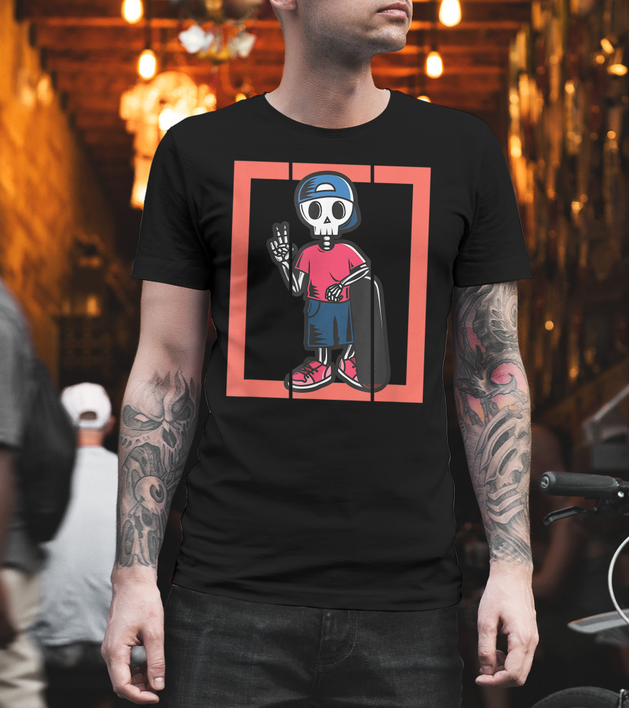 Scary Freaky Spooky Creepy Halloween Skeleton Skater Kid In Cap And Red Sneakers T-Shirt