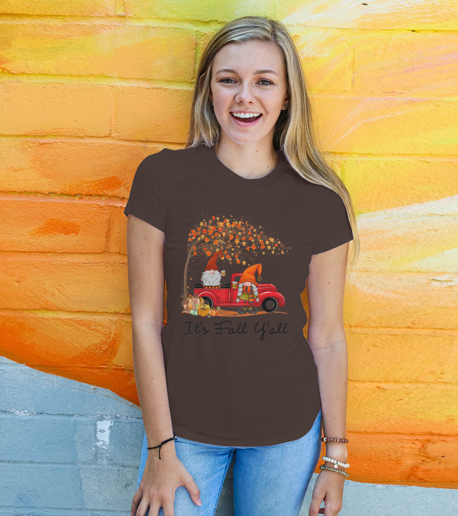 It's Fall Y'all Cute Gnomes Pumpkin Autumn Tree Fall Leaves Red Truck T-Shirt