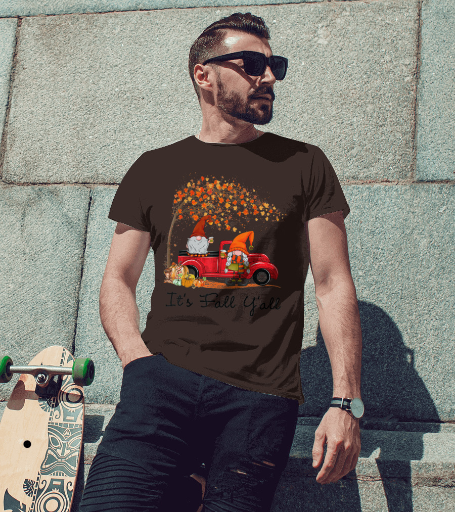 It's Fall Y'all Cute Gnomes Pumpkin Autumn Tree Fall Leaves Red Truck T-Shirt