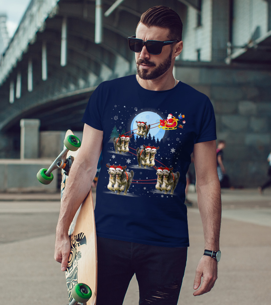 Funny Reindeer Santa With Dogs Pulling Sleigh By Moonlight T-Shirt