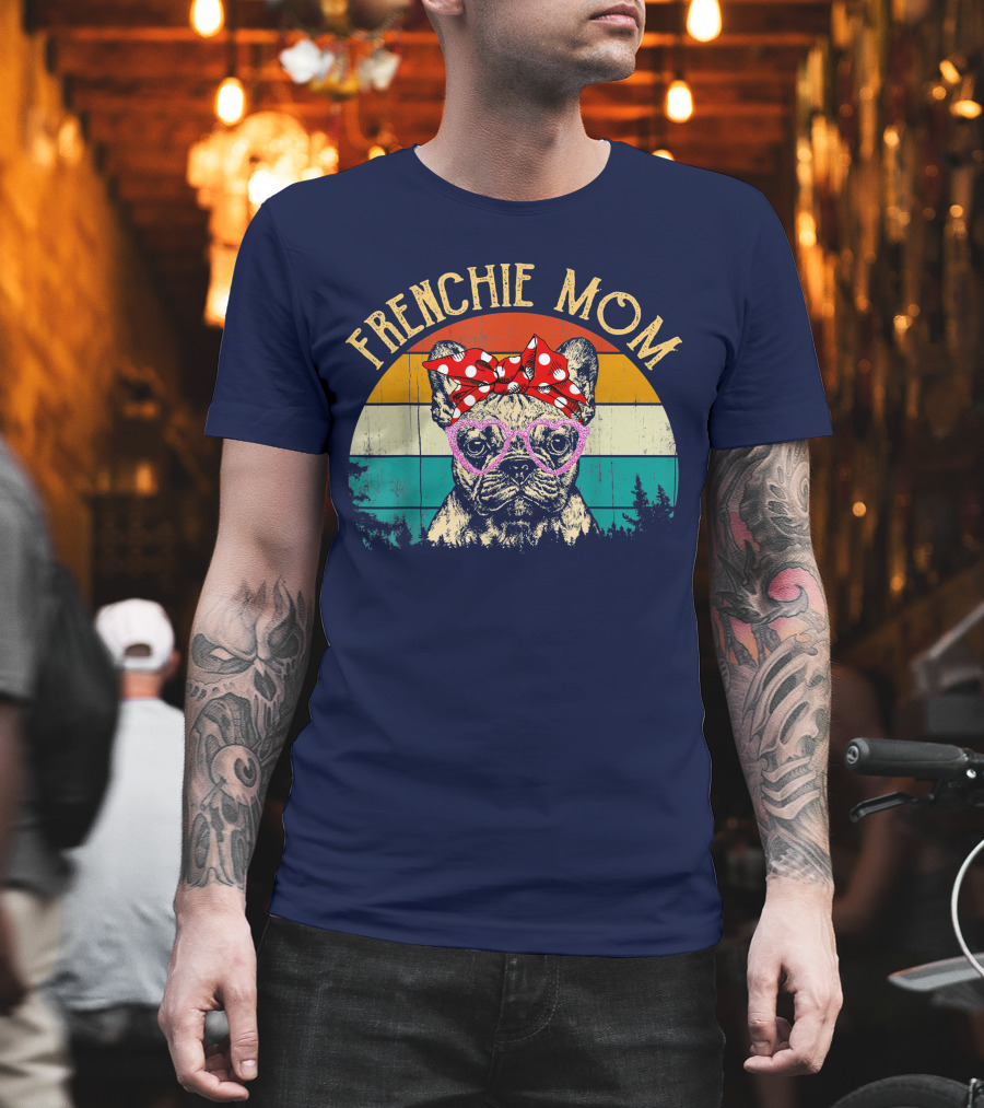 Frenchie Mom Retro Sunset Heart Glasses Bow T-Shirt
