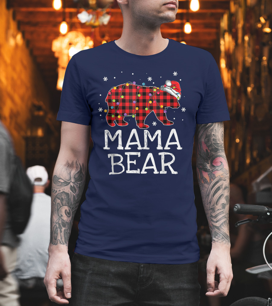 Mama Bear Red Plaid Christmas Lights Santa Hat Snowflakes T-Shirt