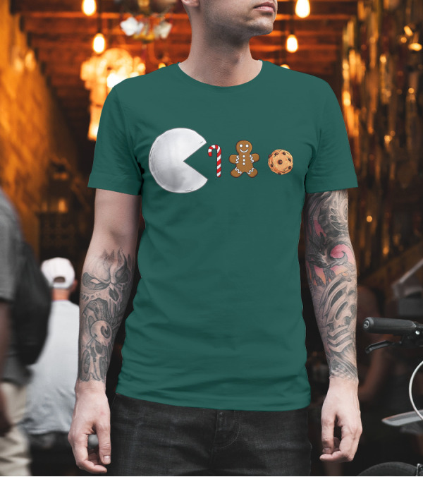 Christmas Snowball Candy Cane Gingerbread Cookie Pac-Man T-Shirt Christmas Snowball Candy Cane Gingerbread Cookie Pac-Man T-Shirt