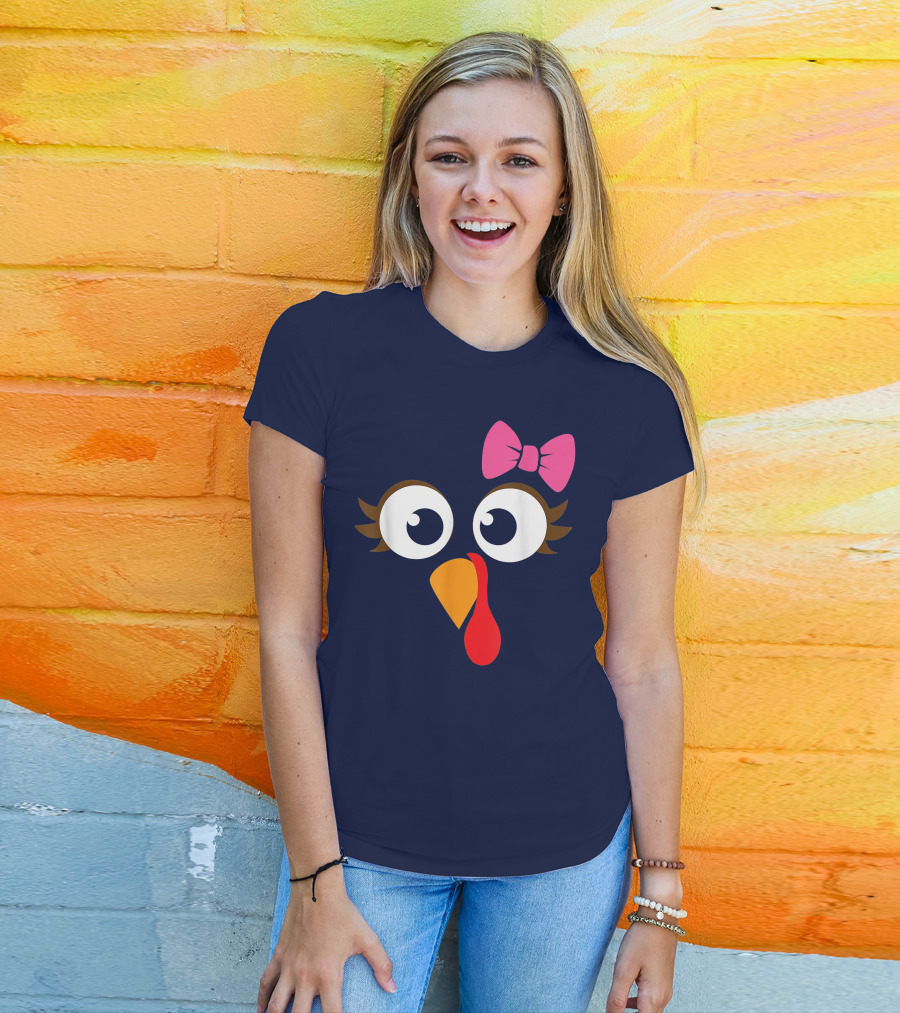 Turkey Face Girl Pink Bow Cute Thanksgiving T-Shirt