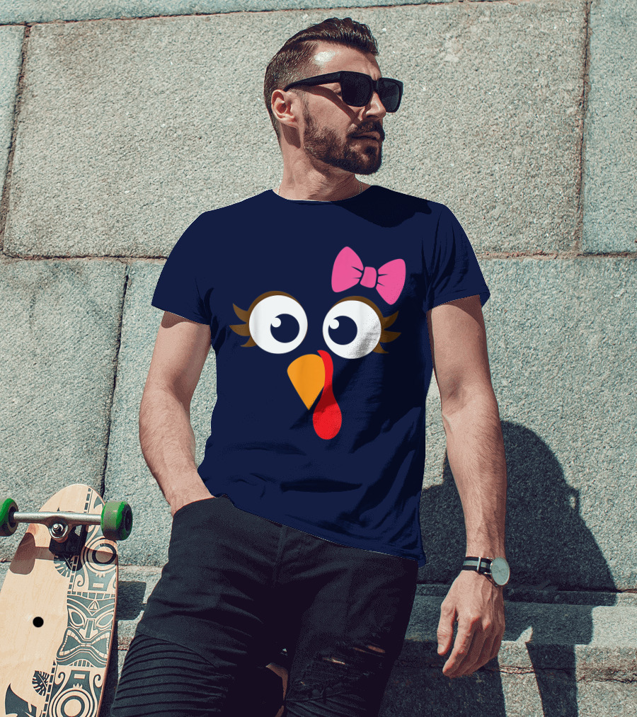 Turkey Face Girl Pink Bow Cute Thanksgiving T-Shirt