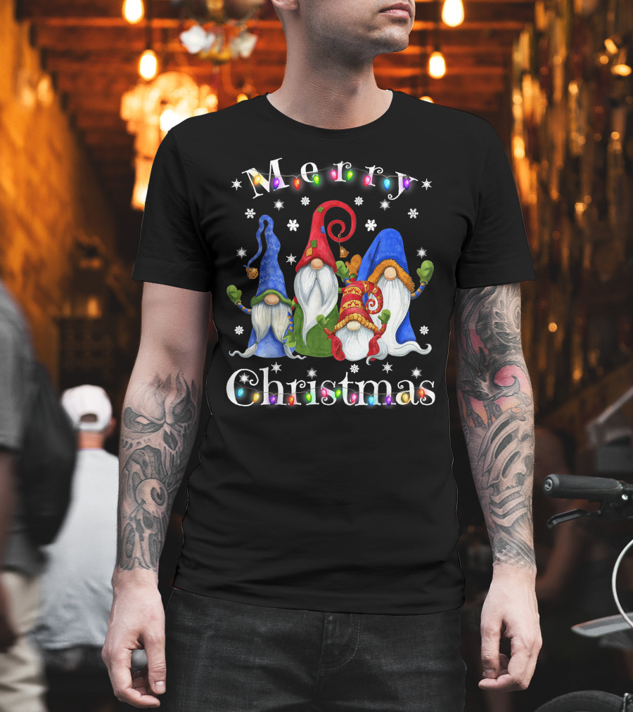 Merry Christmas Garden Gnome Festive Lights T-Shirt
