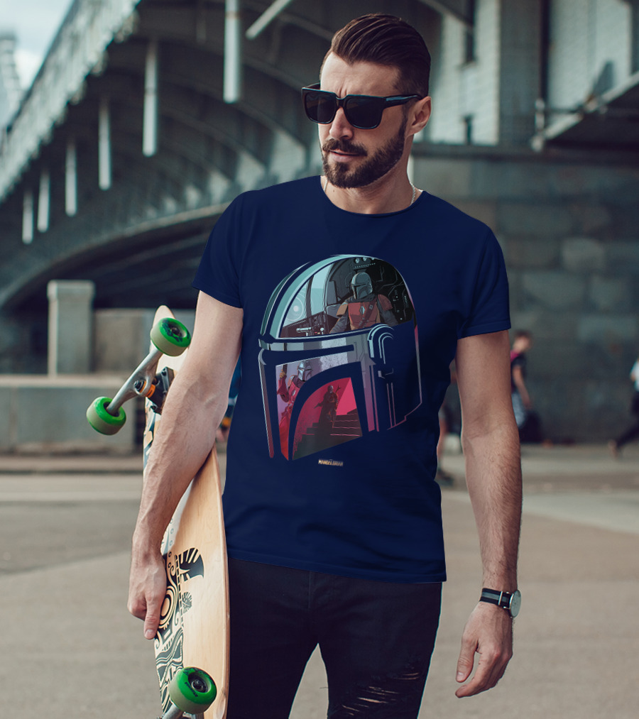 Star Wars The Mandalorian Helmet Spaceship Interior Stairs Scene T-Shirt