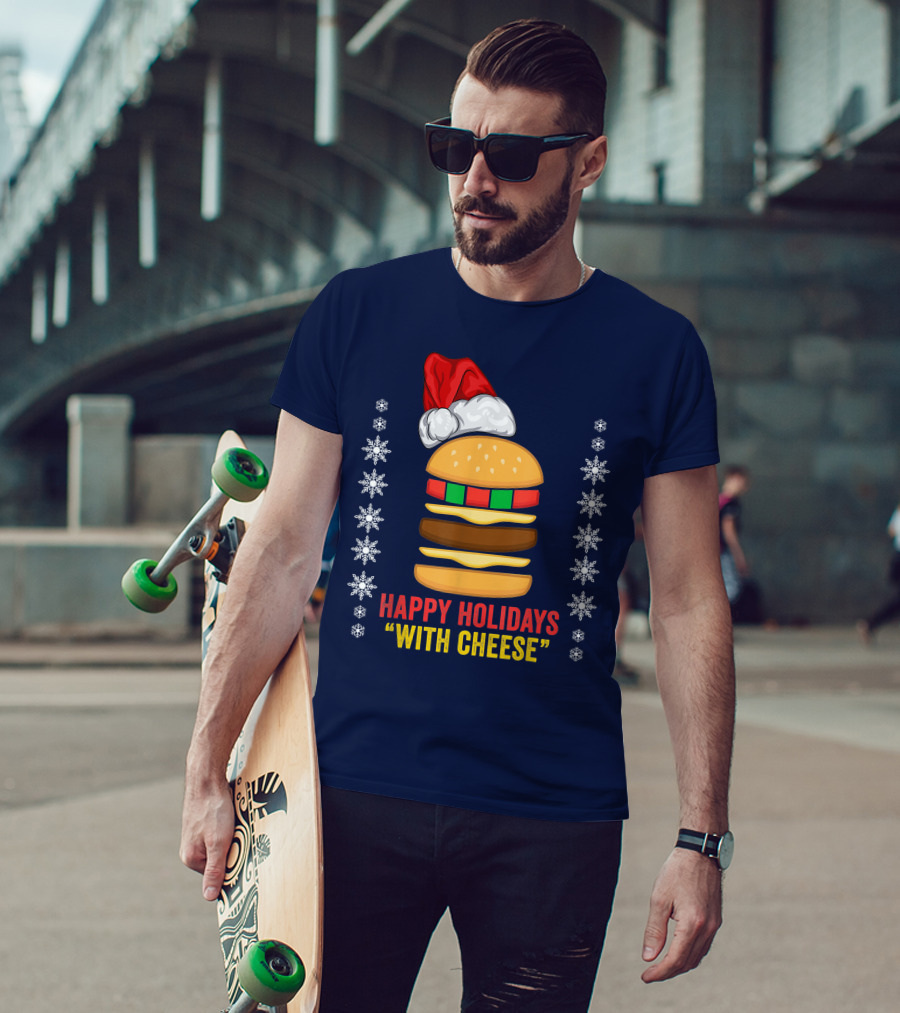 Happy Holidays With Cheese Christmas Cheeseburger Santa Hat Snowflakes T-Shirt