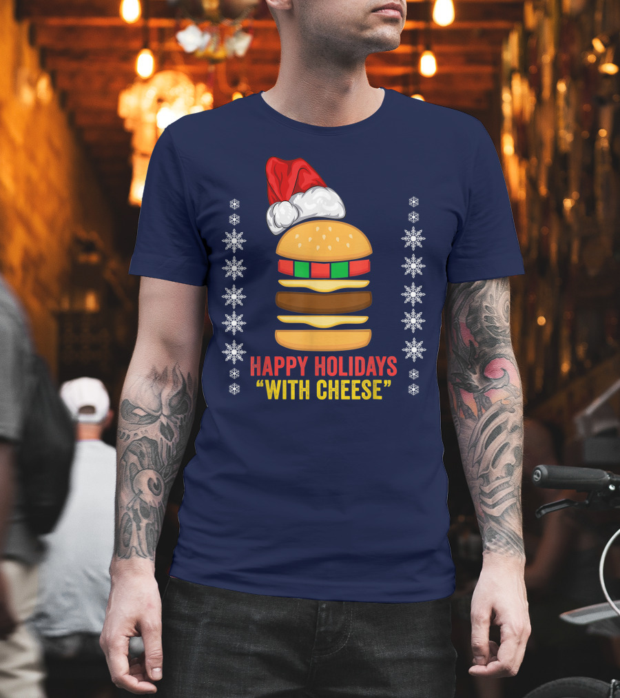 Happy Holidays with Cheese Christmas Cheeseburger Santa Hat Snowflakes T-Shirt