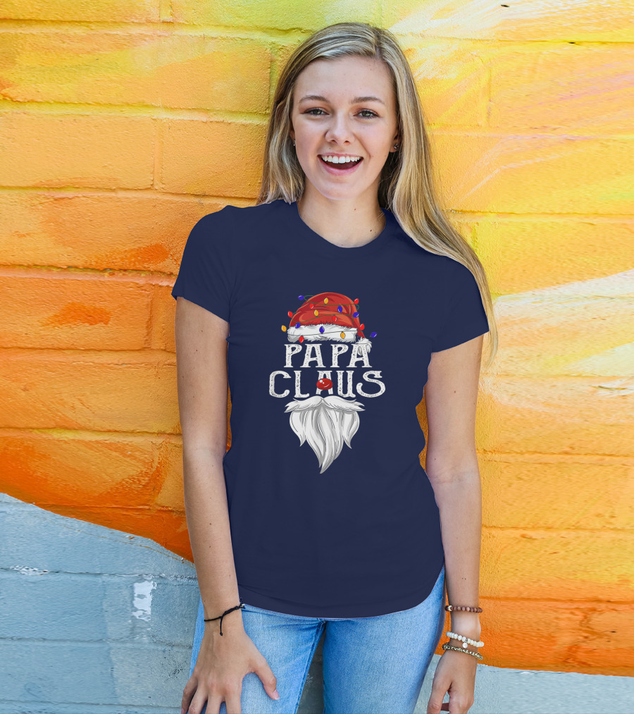 Papa Claus Santa Hat Beard Christmas Lights T-Shirt