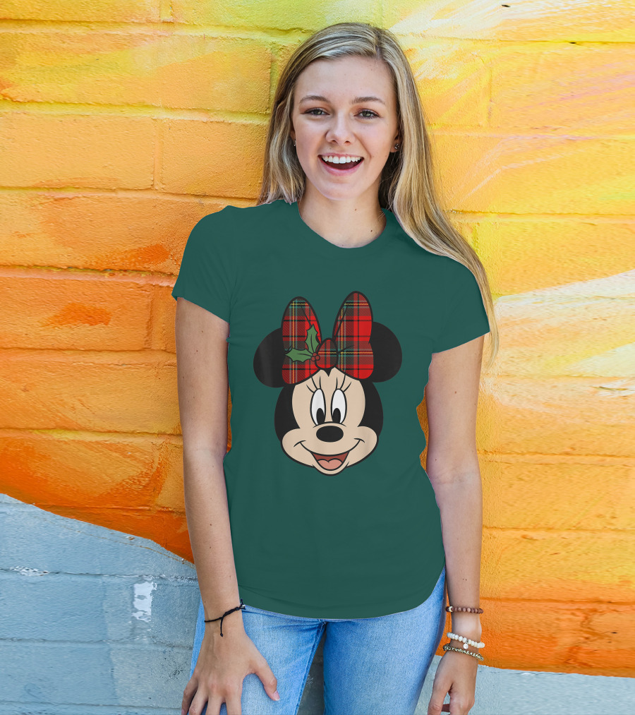 Disney Minnie Mouse Plaid Christmas Bow With Holly T-Shirt