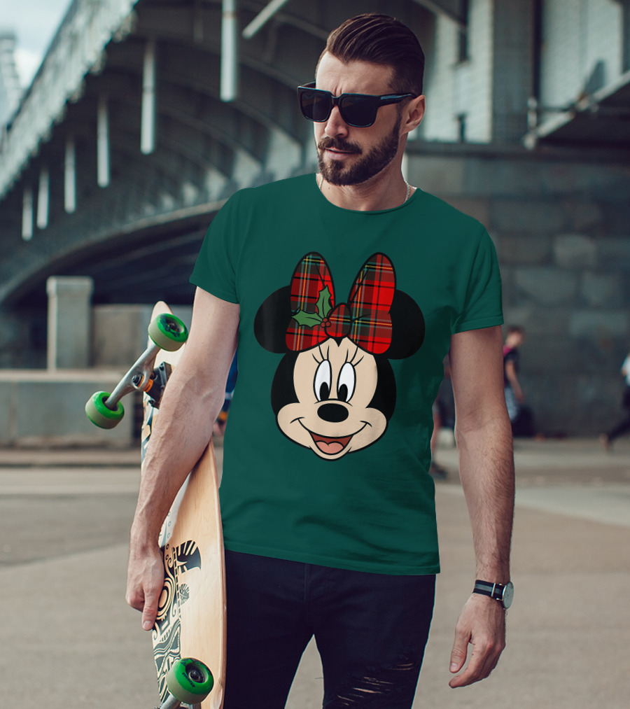 Disney Minnie Mouse Plaid Christmas Bow With Holly T-Shirt