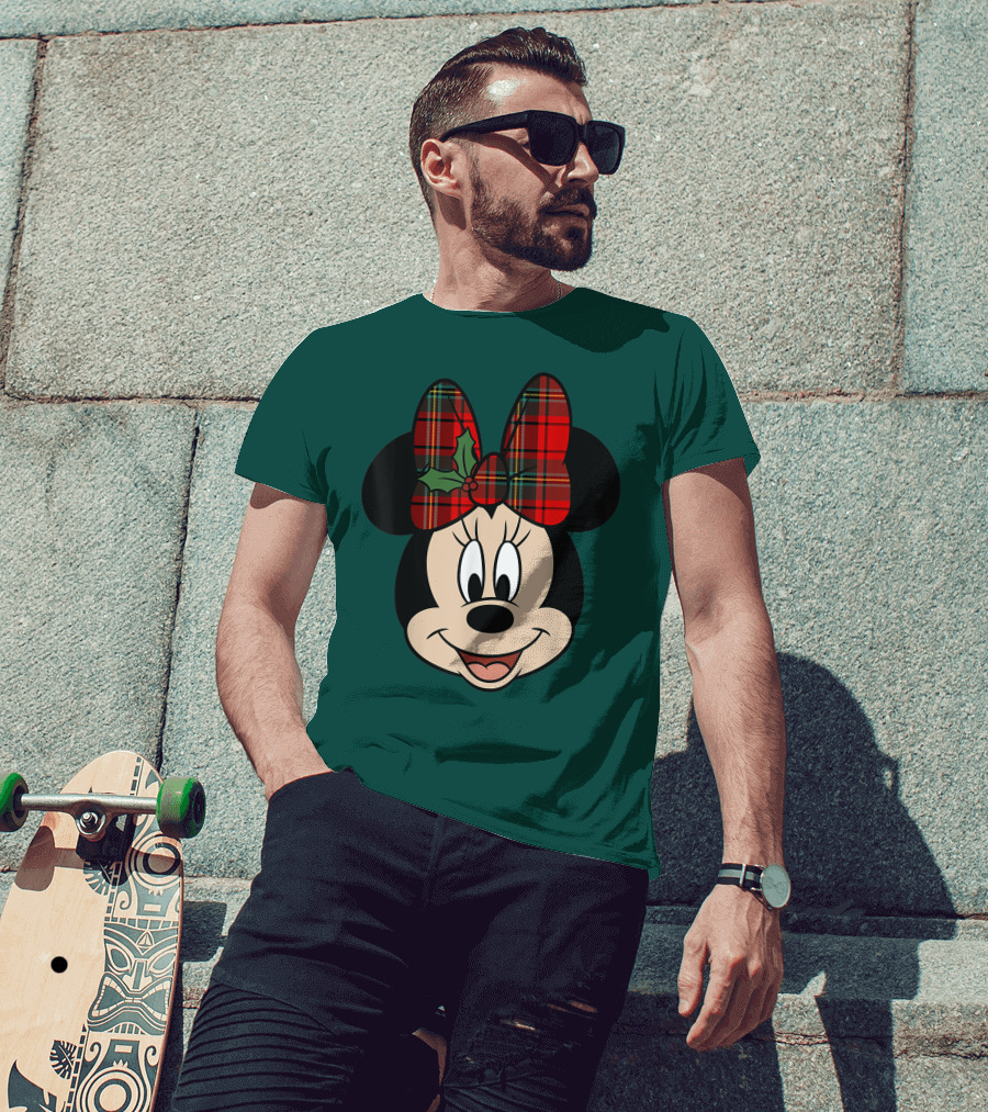 Disney Minnie Mouse Plaid Christmas Bow With Holly T-Shirt