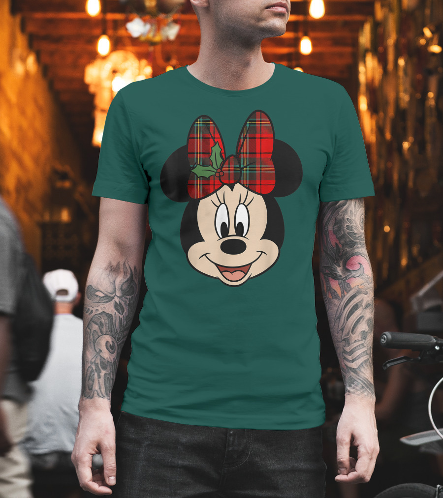 Disney Minnie Mouse Plaid Christmas Bow With Holly T-Shirt