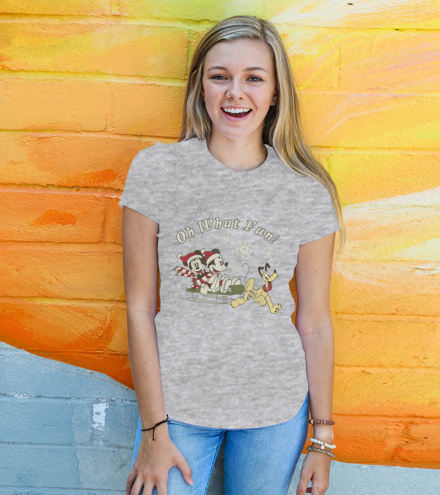 Oh What Fun Mickey Minnie Pluto Christmas Sled T-Shirt