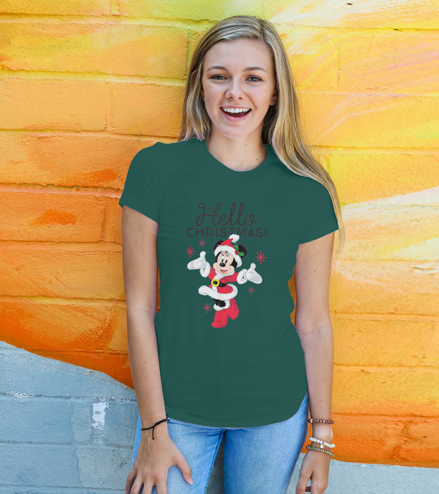 Disney Minnie Mouse Hello Christmas Holiday Santa T-Shirt
