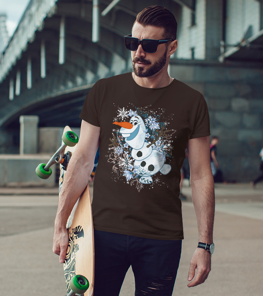 Olaf Dancing Surrounded By Snowflakes And Flowers From Disney Frozen T-Shirt