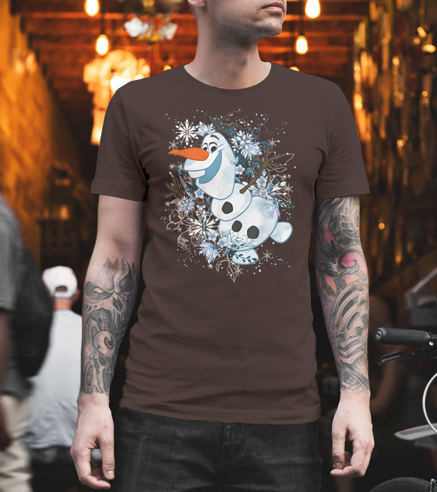 Olaf Dancing Surrounded by Snowflakes and Flowers from Disney Frozen T-Shirt