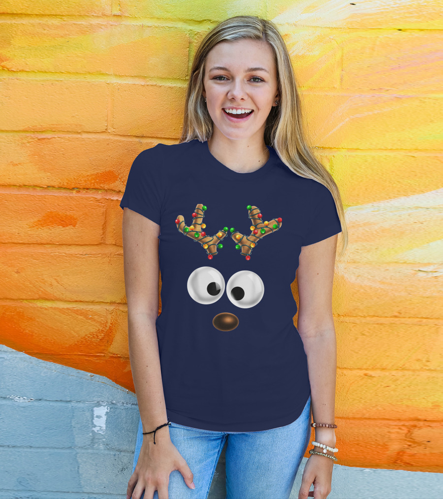 Colorful Lights Reindeer Face Christmas Matching Family T-Shirt