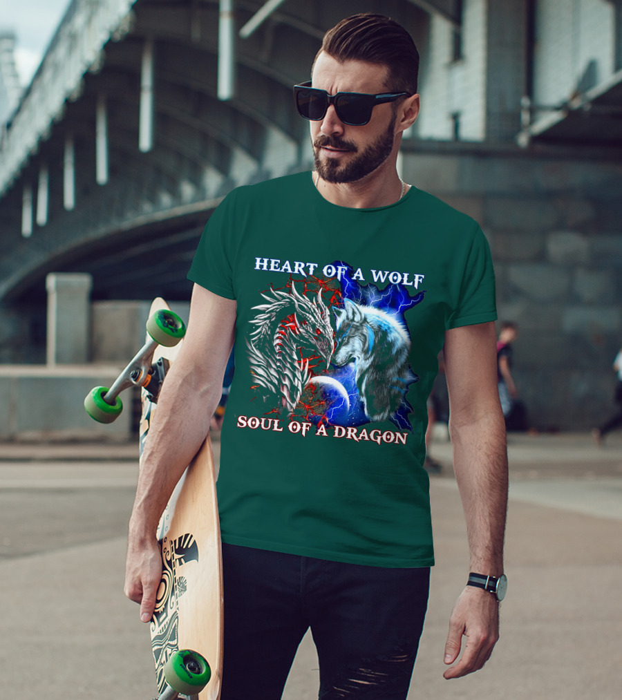 HEART OF A WOLF SOUL OF A DRAGON Wolf Dragon Lightning Planet Cracked Earth T-Shirt