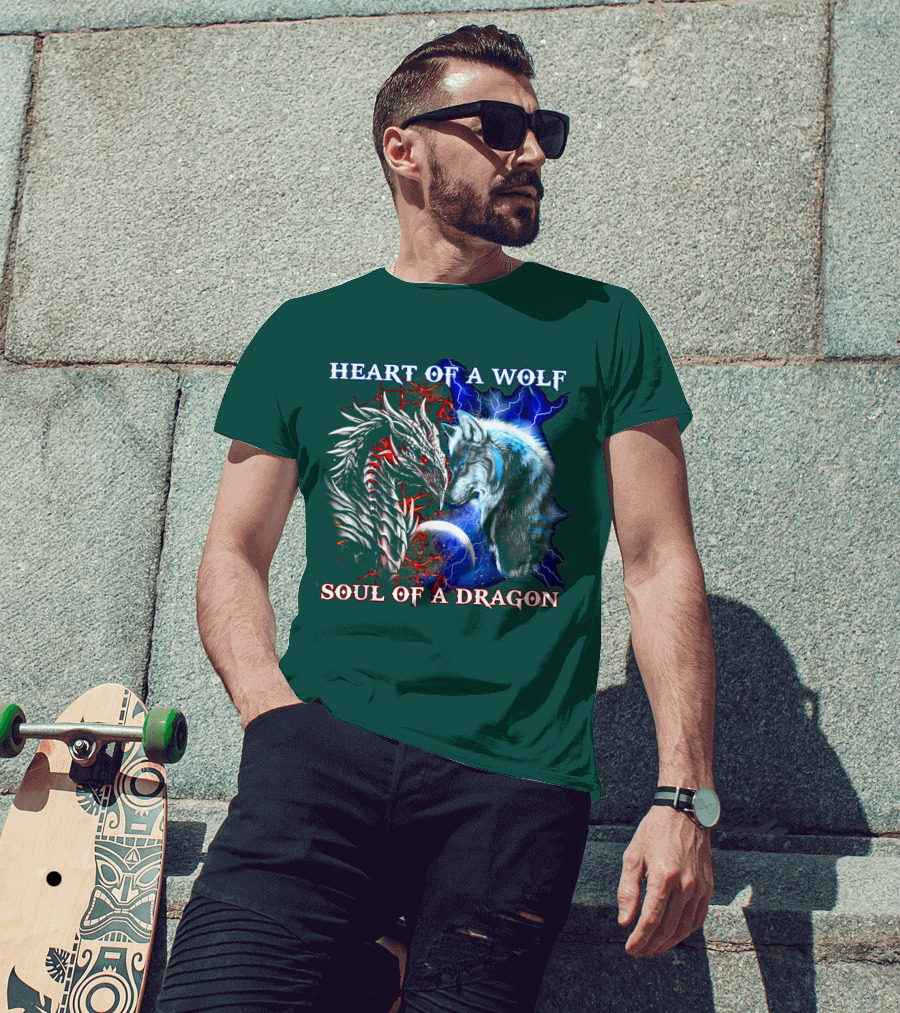HEART OF A WOLF SOUL OF A DRAGON Wolf Dragon Lightning Planet Cracked Earth T-Shirt