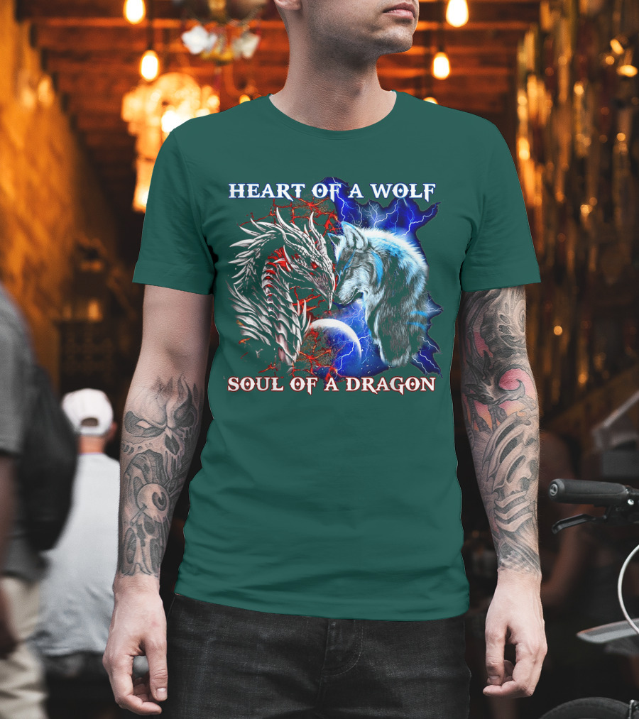 HEART OF A WOLF SOUL OF A DRAGON Wolf Dragon Lightning Planet Cracked Earth T-Shirt