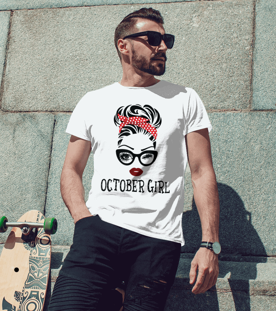October Girl Woman Face Wink Eyes Red Lipstick Polka Dot Headband T-Shirt