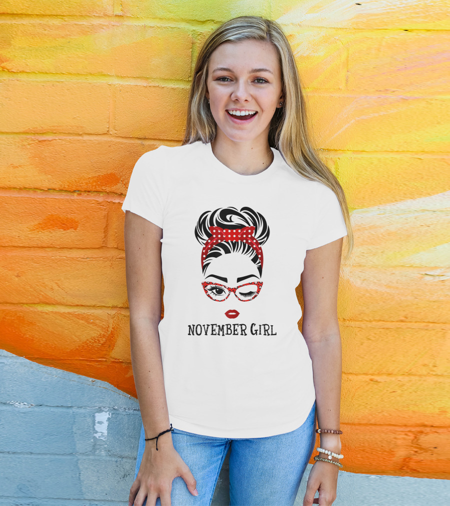 November Girl Wink Eye Woman Face Wink Eyes Lady Birthday Red Polka Dot Glasses T-Shirt