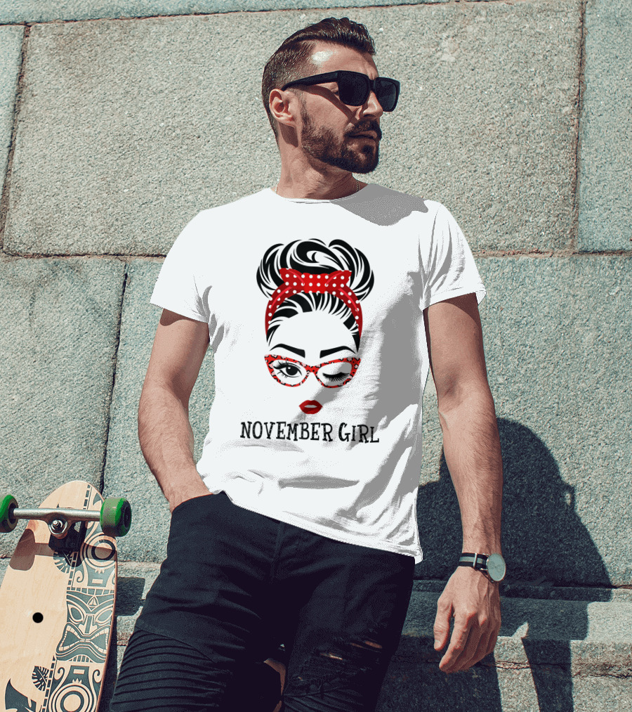November Girl Wink Eye Woman Face Wink Eyes Lady Birthday Red Polka Dot Glasses T-Shirt