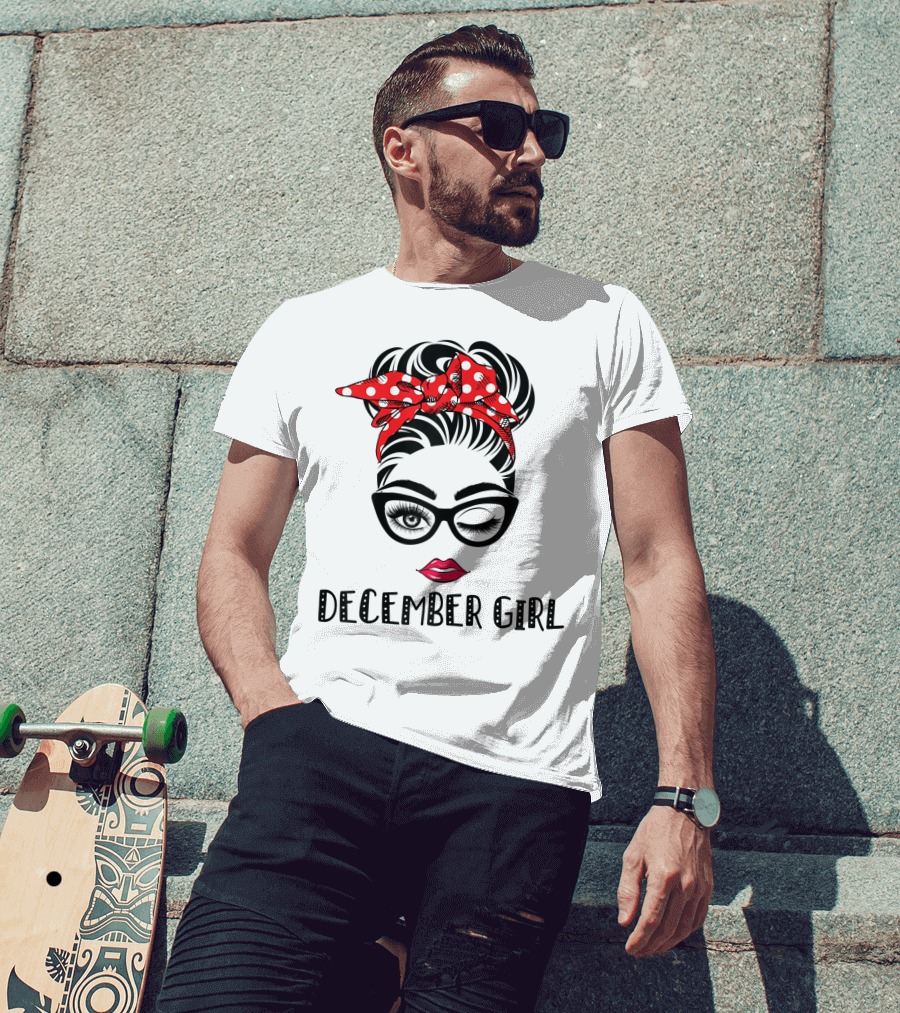 December Girl Woman Face Wink Eyes Lady Face Birthday Red Polka Dot Headband T-Shirt