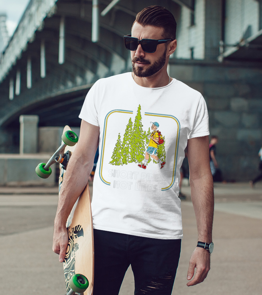 Snort Pines Not Lines Funny Boy With Backpack And Pine Trees T-Shirt