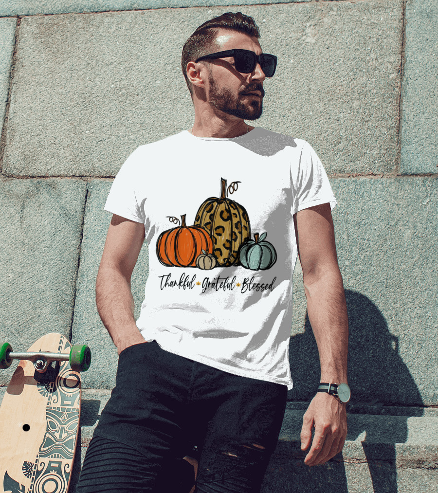 Thankful Grateful Blessed Leopard Print Pumpkin Thanksgiving Day T-Shirt